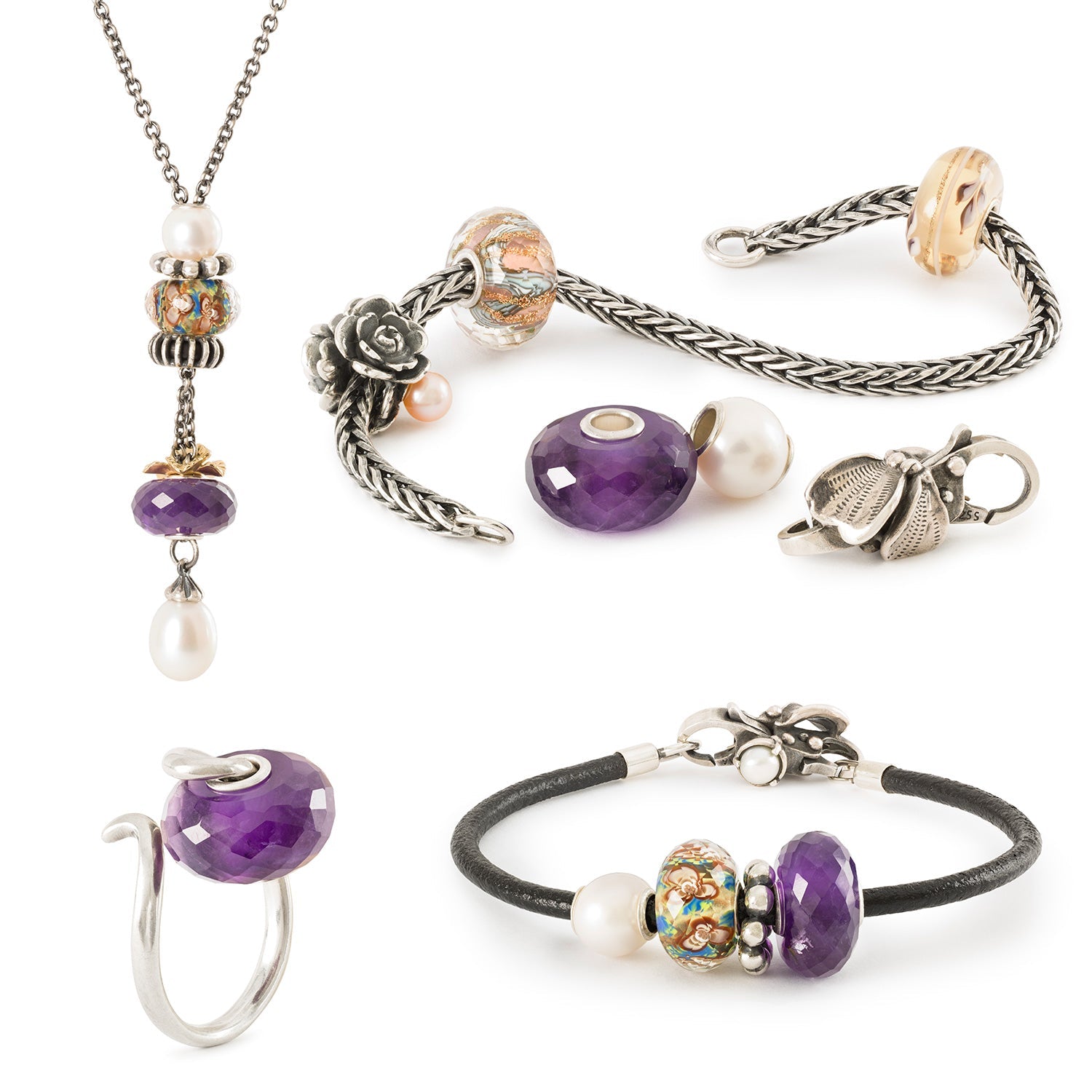 Perle Trollbeads Amethyst sur différents bijoux, collier, bracelet en argent, bracelet en cuir, bague en argent, avec des perles complémentaires.