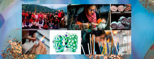 Collage of unique beads being made and the community in Tibet