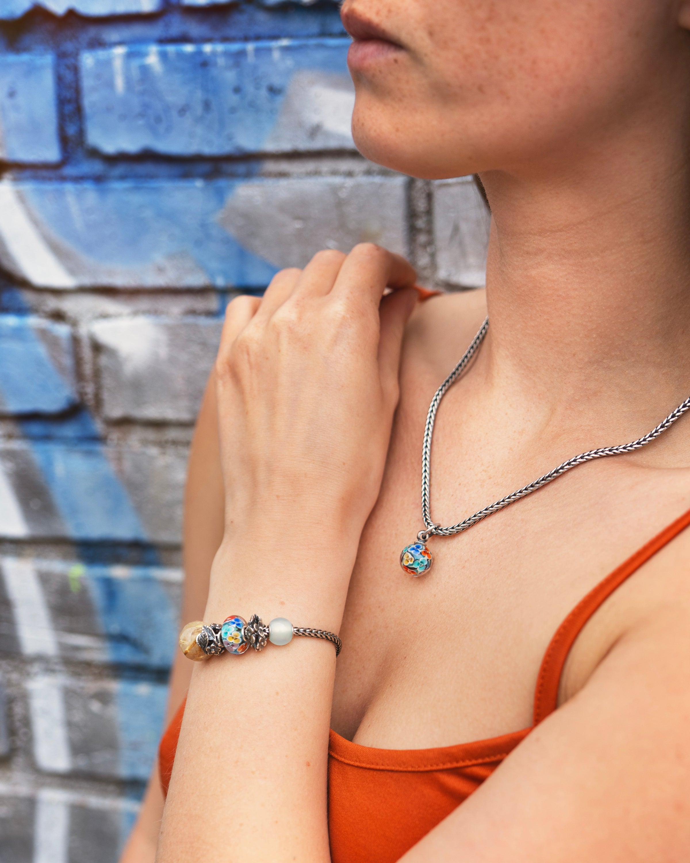 Perle Fleur de rêve et gland sur collier en argent sterling et bracelet en argent sterling avec des perles complémentaires