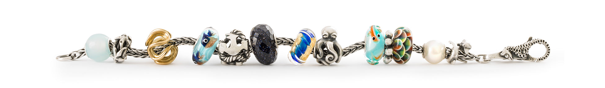 Bracelet Trollbeads foxtail avec perles en verre et en argent de la collection essence de vie