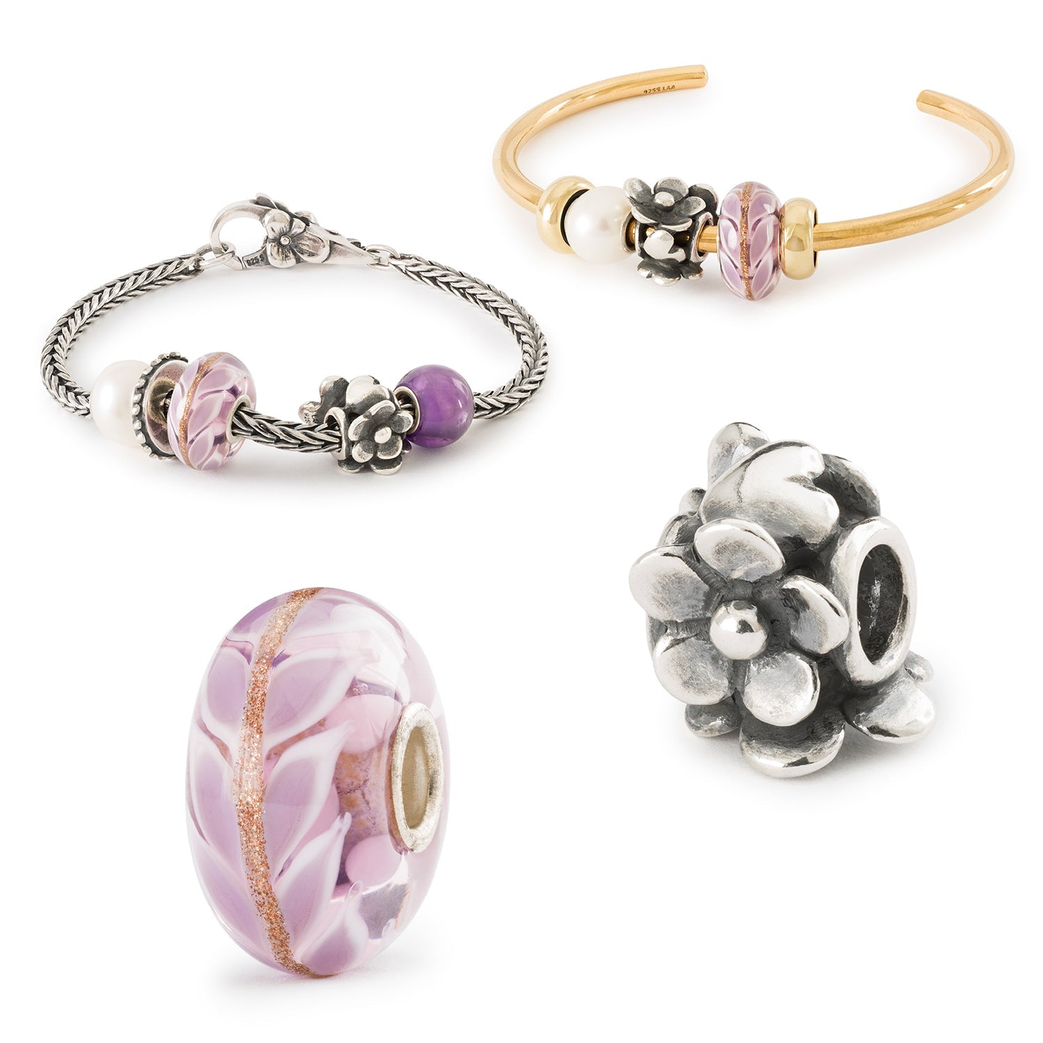 Galerie avec Trollbeads idées cadeaux pour la fête des mères, perle d'amour de la lavande et perle de fleur authentique
